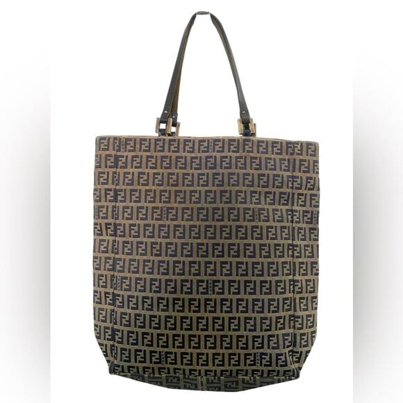 Fendi Tote Bag Zucca Zucchino Monogram FF Logo Brown Canvas Leather Vintage - Picture 2 of 13